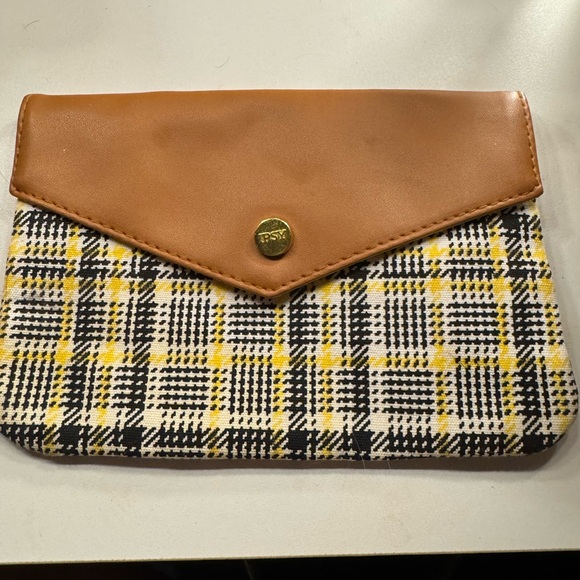 Ipsy Brown and Yellow Plaid Cosmetic Clutch - Picture 1 of 2